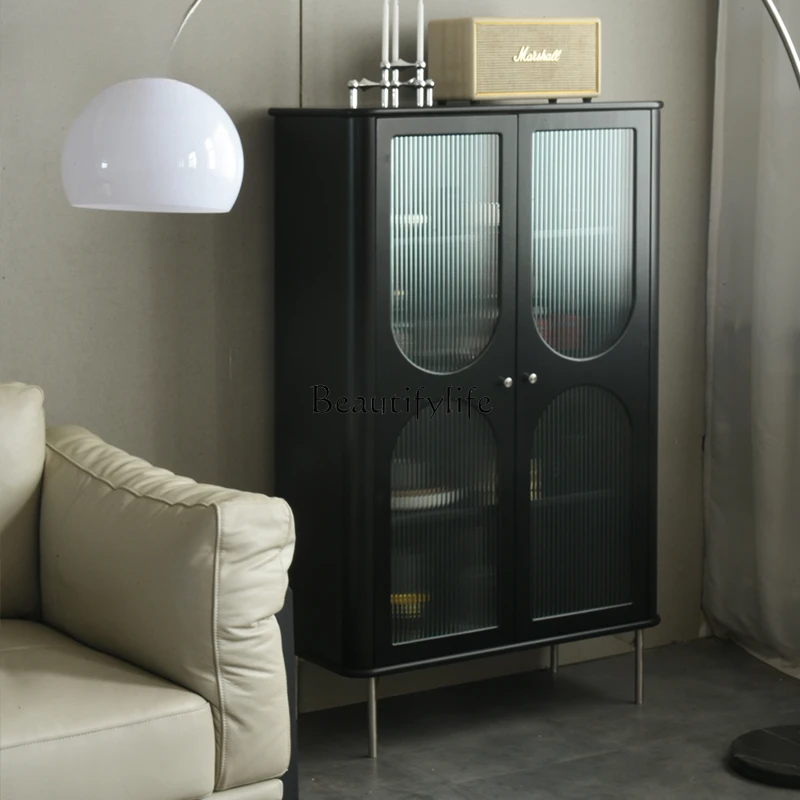 Nordic Living Room Wall Dining Side Display Cabinet Storage Side Cabinet Black Modern Solid Wood Glass Door