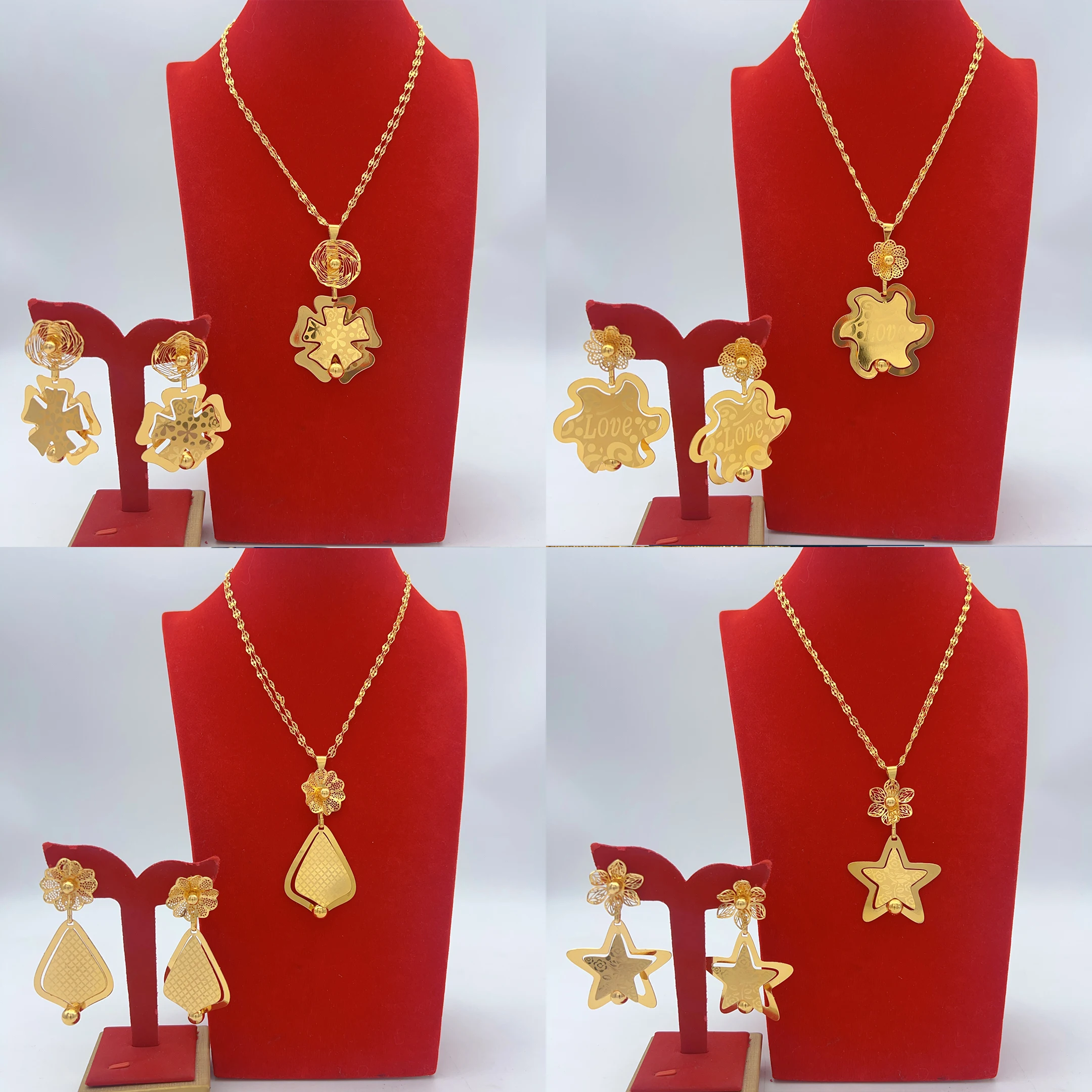 Äthiopische Halsketten- und Ohrring-Schmucksets für Frauen, Brautschmuck Nigeria, 24 Karat vergoldete Dubai-Ohrringe, Bankett- und Partygeschenke