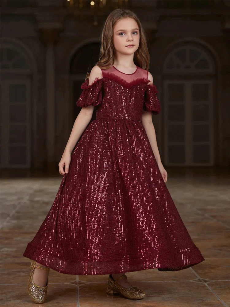 Burgundy Sequins Shiny Girl Flower Girl Evening Dress Wedding Girl Birthday Prom Dress Performance Evening Dress