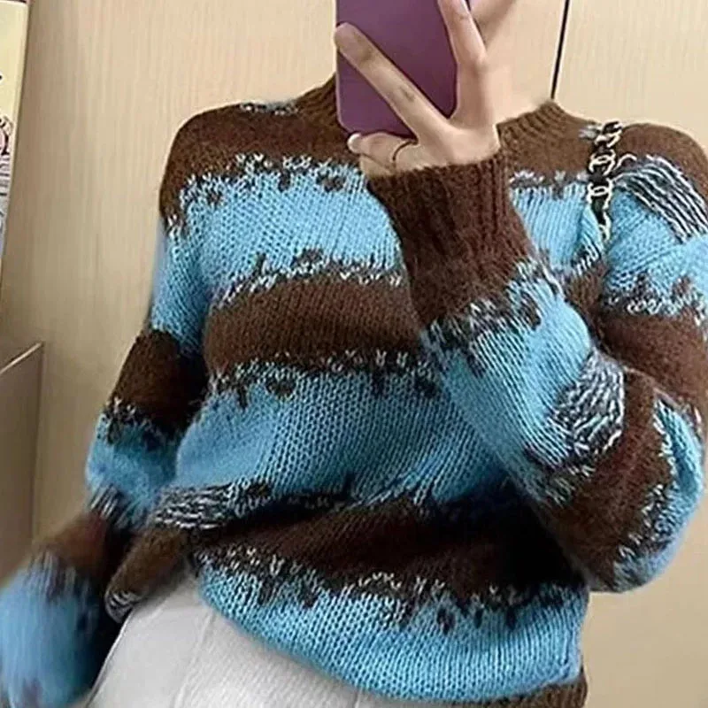 New Autumn/winter Fashion Korean Version Patchwork Contrasting Round Neck Sweater Loose and Versatile Western-style Knitted Top