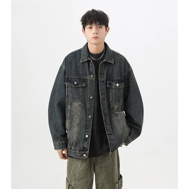 

Retro American Denim Jaet Spring Autumn Loose Men's Outerwear Couple's Waed Workwear Classic Sle Long Sve Coat