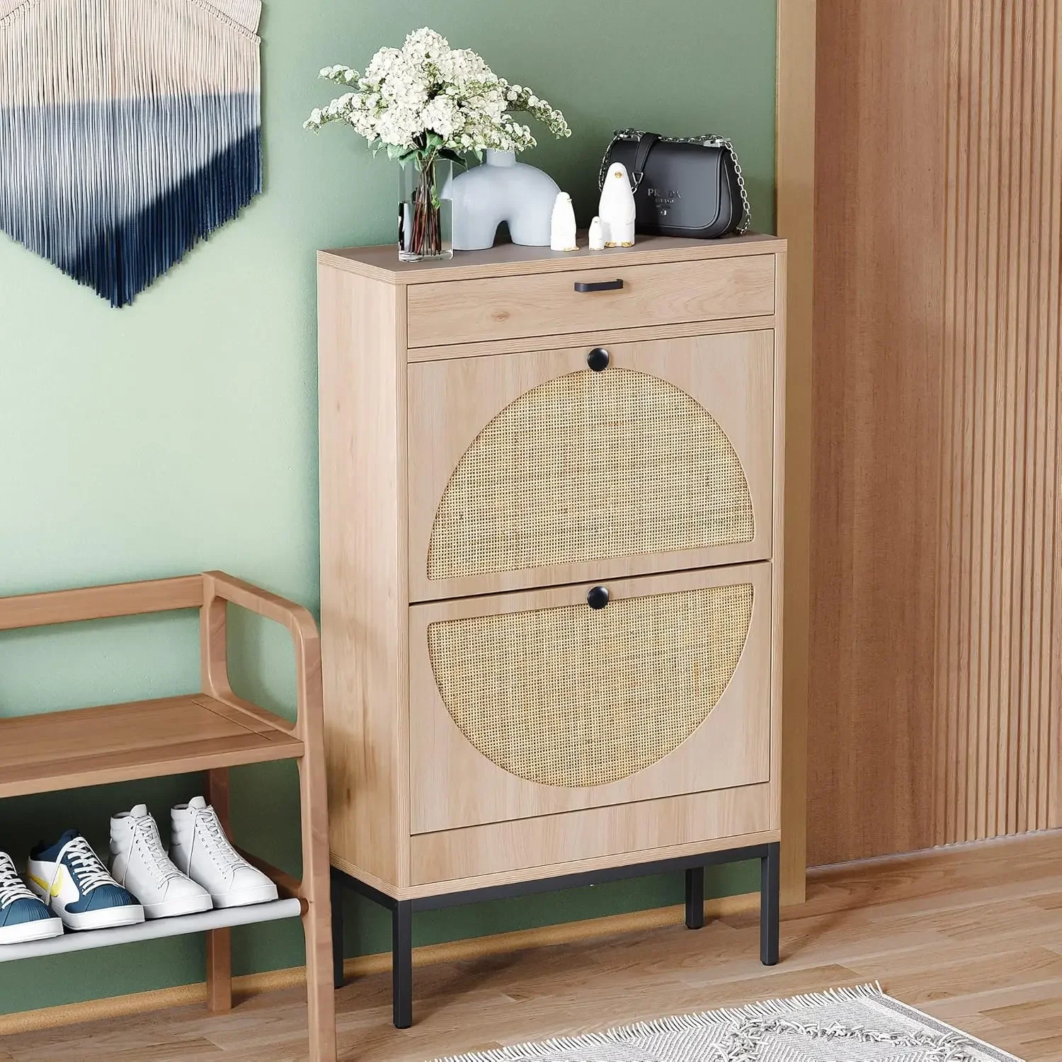 Shoe Rack Storage Organizer with 2 Natural Semi-Circular Rattan Doors, Entryway Wooden Shoe Cabinet for Sneakers