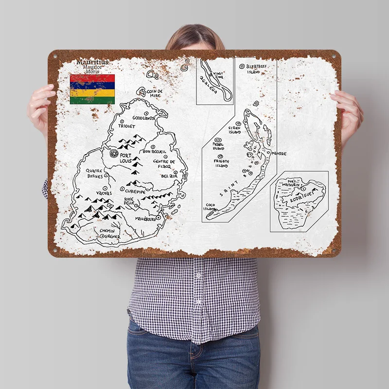 Handdrawn Mauritius Map Printed Poster Customized Wall Art Retro Vintage Metal Tin Signs for Room Decoration At Home Decorations