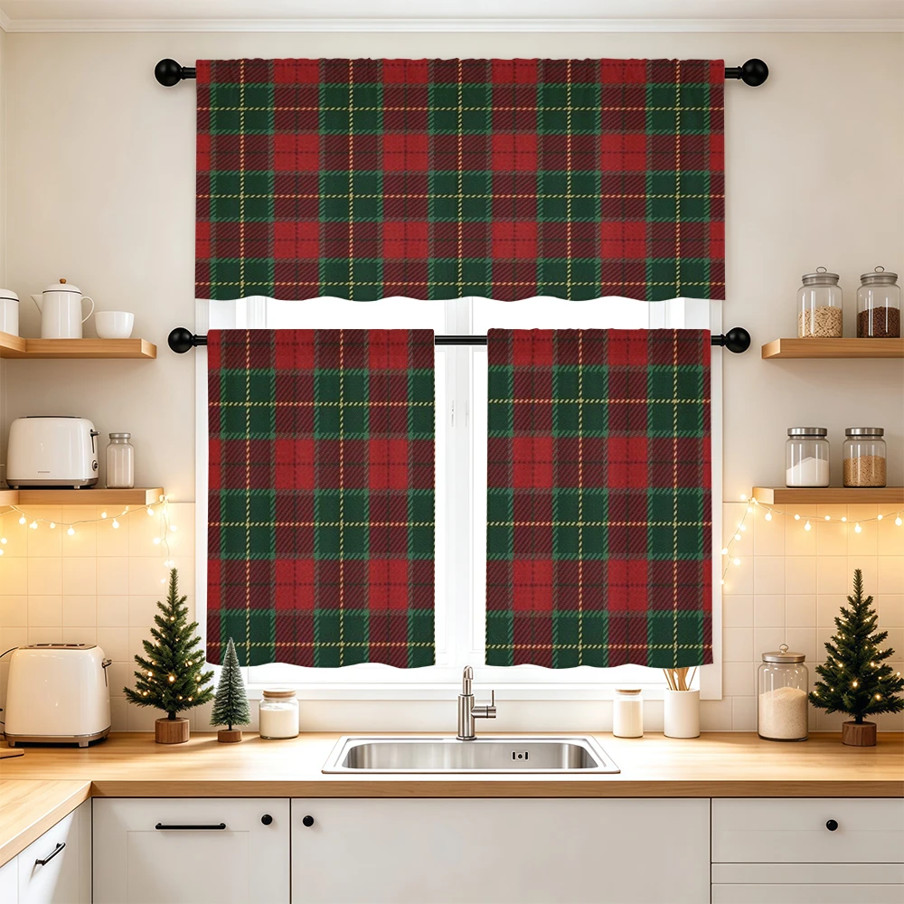 Christmas Kitchen Curtains, Red Green Tartan Plaid, Digital Print, Kitchen Dining Room, Rod Pocket Polyester, Home Decor