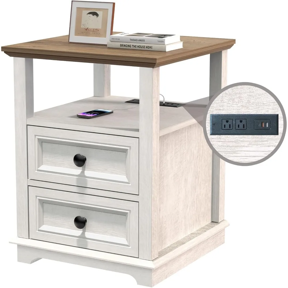 End Table with Fast USB C Charging Station, Wide Tall Sofa Side Table with 2 Drawers, Large Storage Rustic Wood Square Storage