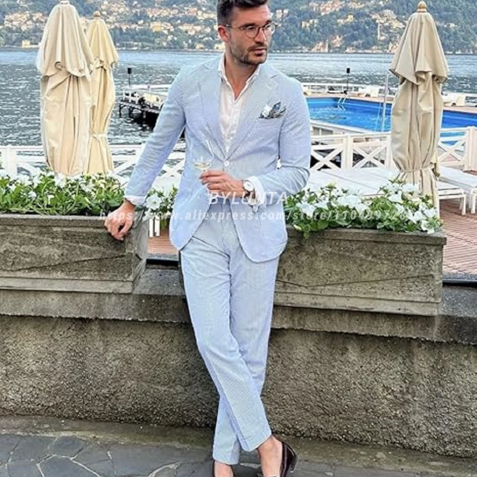 BYLUNTA Mens Suit 2 Piece Slim Fit Stripe Suits Tuxedo Blazer Jackets Pants Set Summer Beach Wedding Outfit for Mennt)