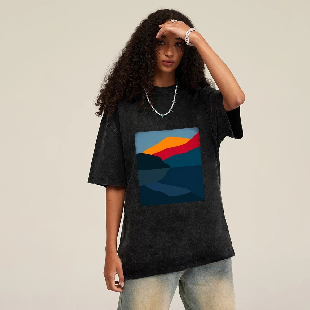 

Scenic View Washed Tee Mountain Lake Pattern Casual Loose Short Sleeved Summer Creative Artistic Relaxing Comfortable Top