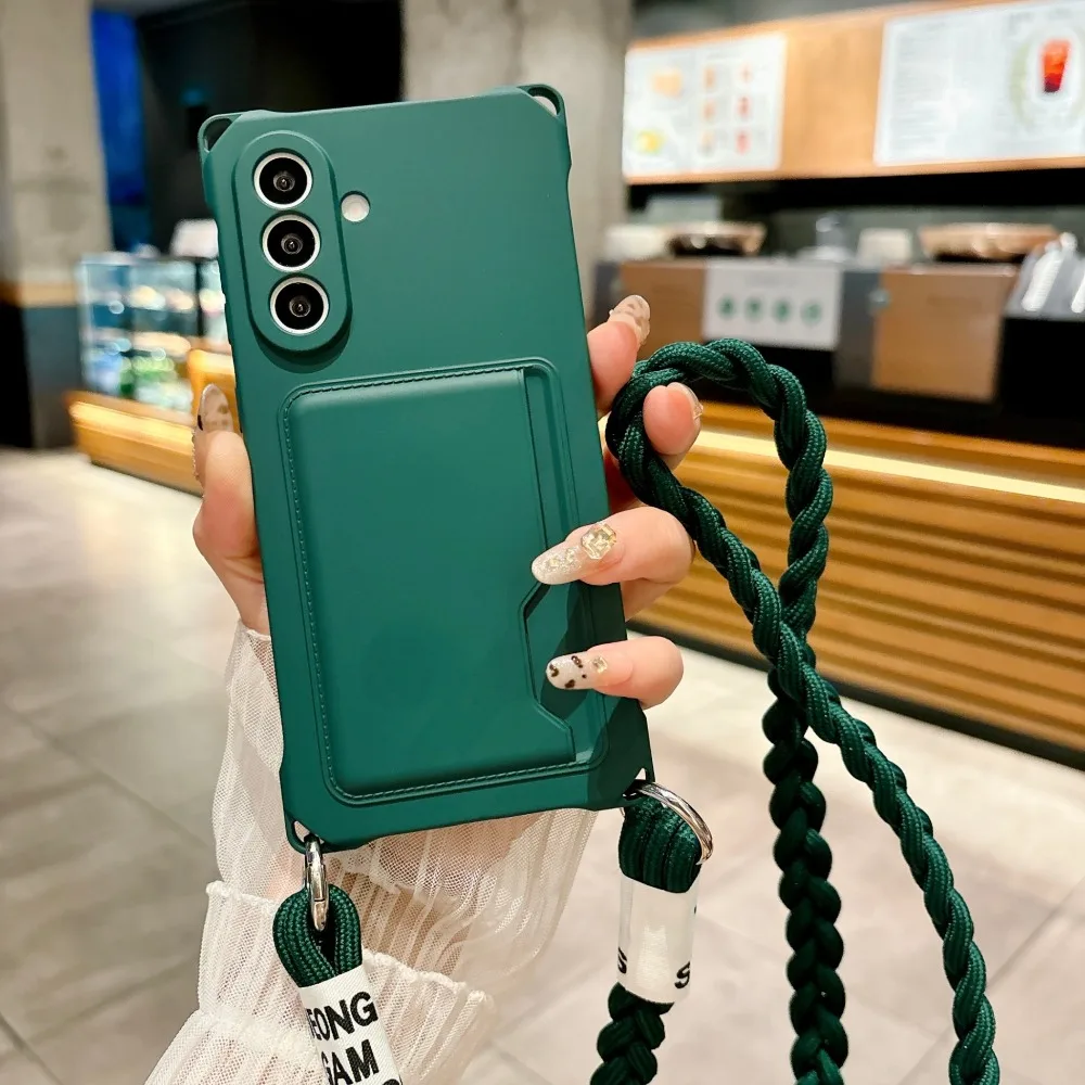 Soft Silicone with Card Slot Case for Samsung A18 A57 A37 A27 A17 A56 A36 A26 A16 A35 A15 A54 Crossbody Strap Four-corner Cover