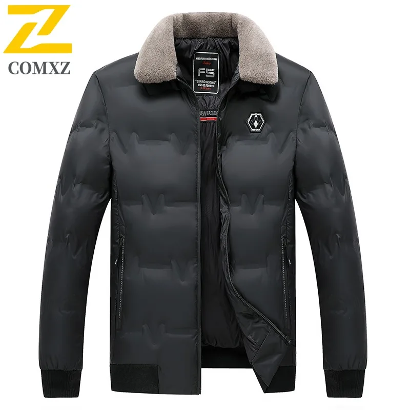 COMXZ Wattierte Herrenjacke mit Pelzkragen, hochwertige Business-Kältebeständigkeit, winddicht, Reise-Winterjacke, leichte Steppjacke für die Arbeit
