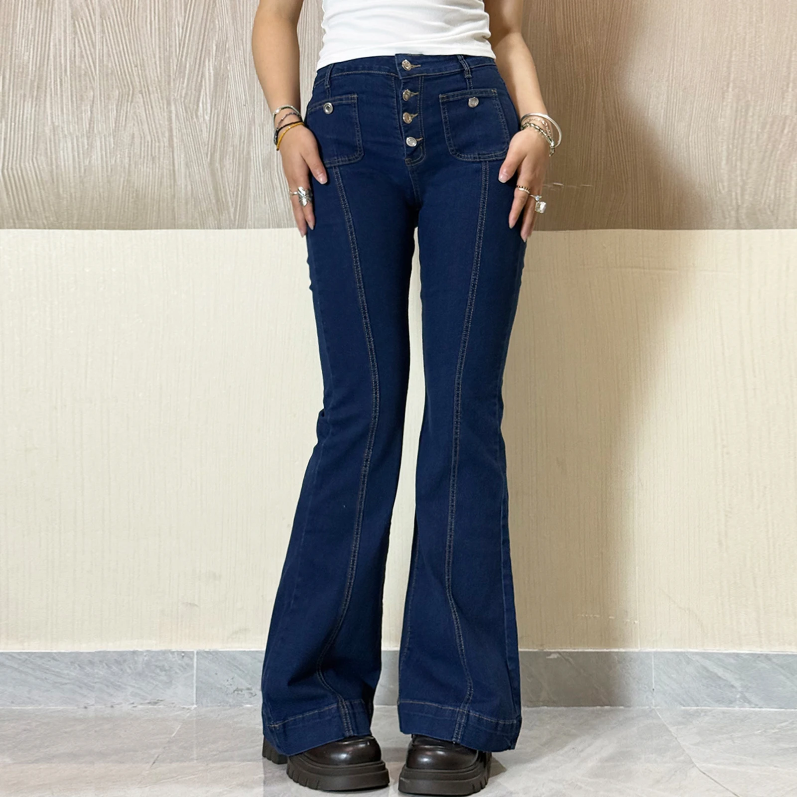 

Y2K Vintage High Street High Waist Jeans Solid Women Harajuku Pants Bootcut Pockets Jeans Skinny Flare Pants Pants Streetwear