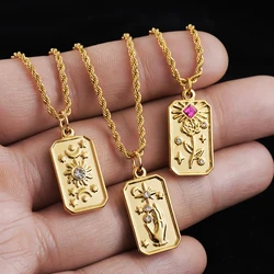 Stainless Steel Vintage Gold Plated Tarot Necklace for Women Sun Moon Star Flower Hand Square Pendant Twist Rope Chain Necklaces