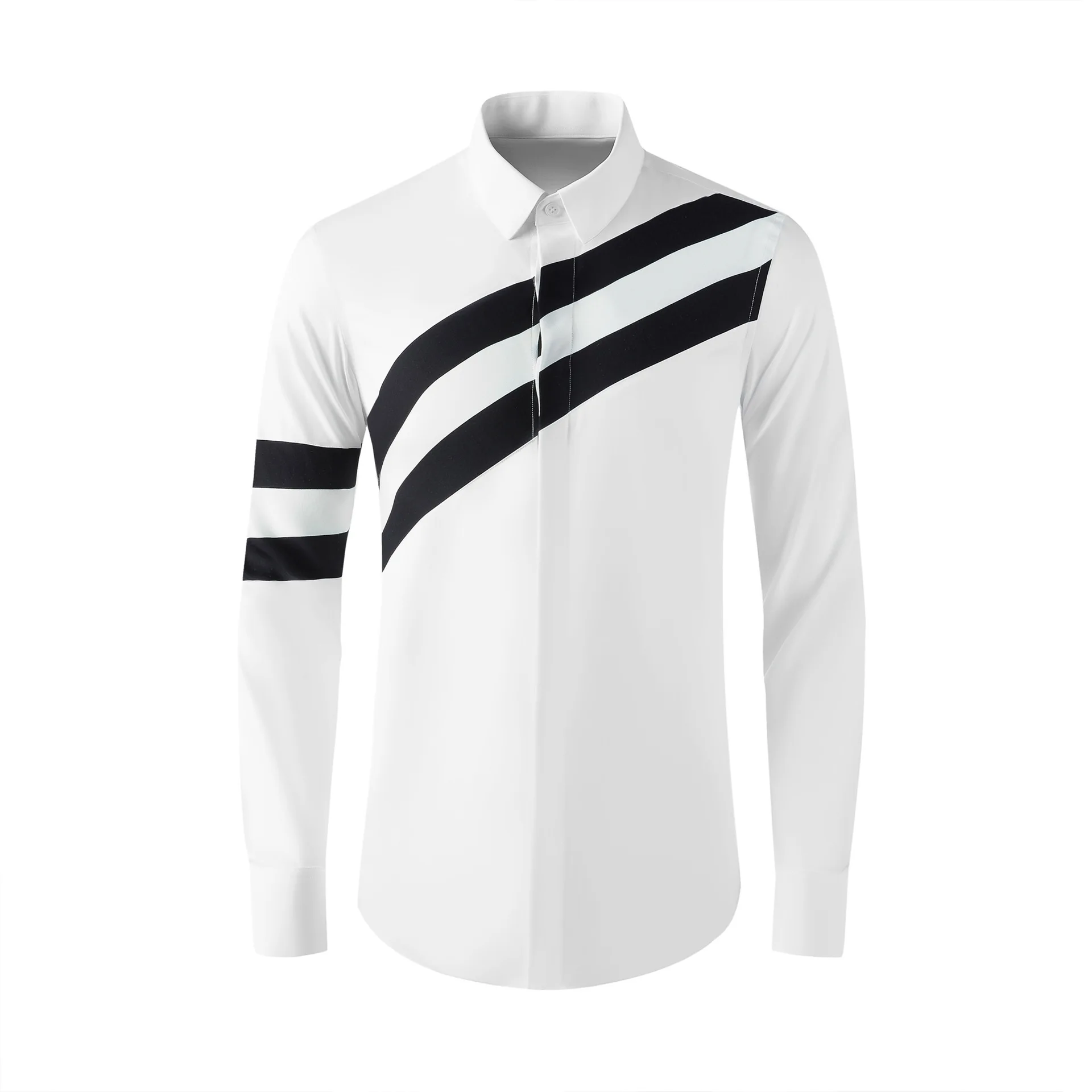 Four season new black and white diagonal splicing contrasting color men's slim fit shirt fashionable casual British top