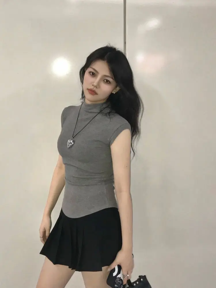 

Women Summer Sexy Turtleneck Sleeveless T-Shirts Tops Solid Slim Fit Pullovers Causal Tees Shirts Female Streetwear Basics Tees