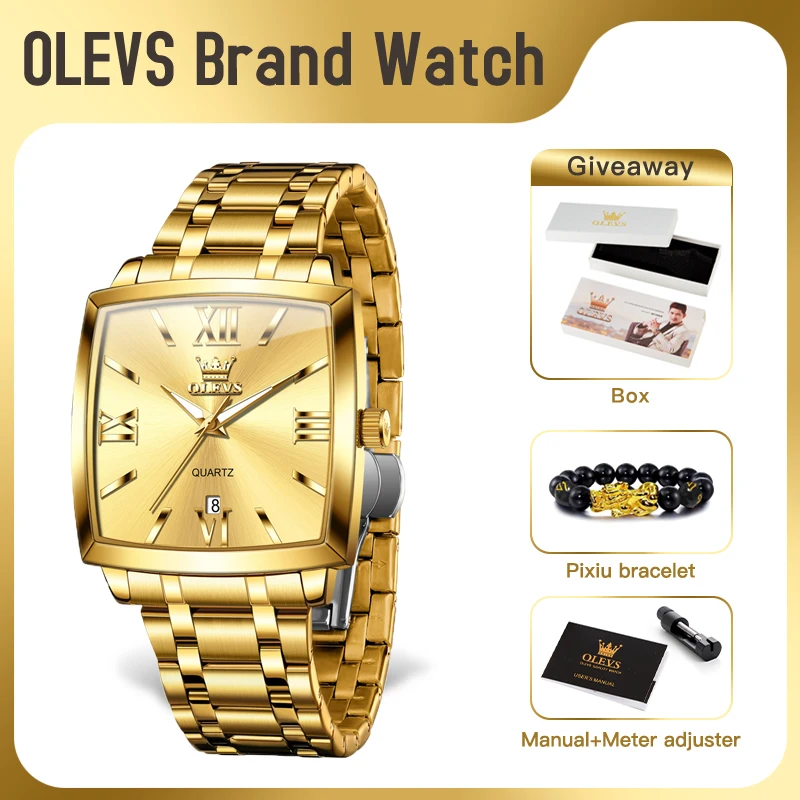 OLEVS 2969 Mens Watch Business Original Brand Waterproof Luminous Quartz Watch Large Dial Automatic Date Square Watch With Box