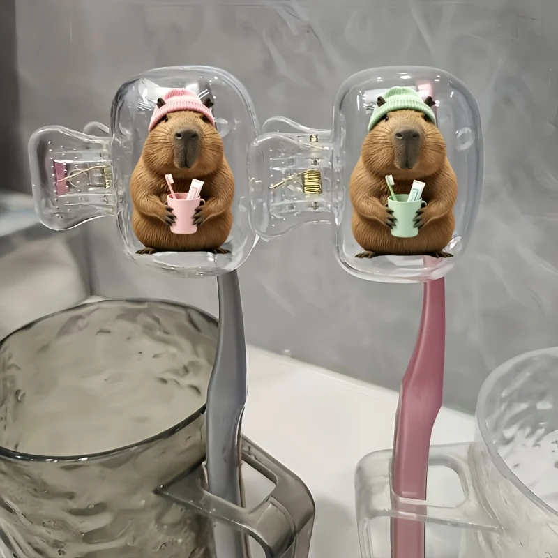 2pcs Capybaras Holding Pink And Green Toothbrush Cups Portable Dust-Proof And Odorless Toothbrush Box Ideal small holiday gift