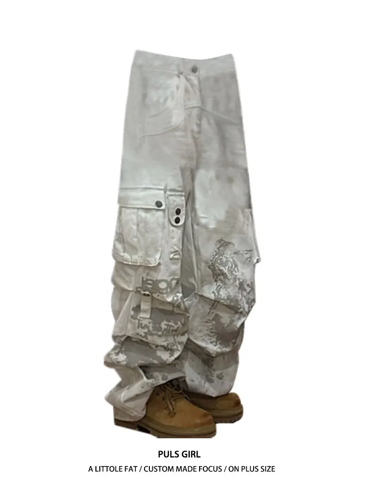 

plus Size Light Beige Workwear Denim Jeans Casual Wide Leg Pants High Waist Folded Cuffed Autumn Winter American High Street ...