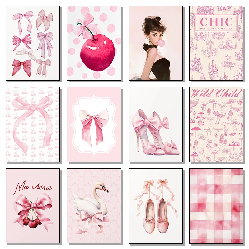 Klassische Mode Rosa Schleife Ballett Kirschkuchen Retro Poster Drucke Leinwandgemälde Wandkunst Bild Wohnzimmer Heimdekoration