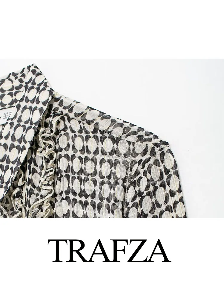 TRAFZA-elegante blusa estampada de um só peito para mulheres, manga comprida, blusa casual, laminada, camisa feminina, verão