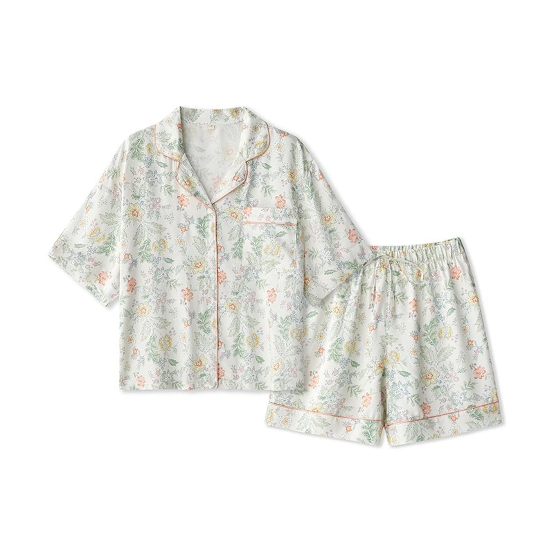 2022 Rayon Pajamas Women Satin Monet Garden Short Sleeve Shorts Sleepwear Viscose Print 2 Piece Set Summer Thin Home Clothes