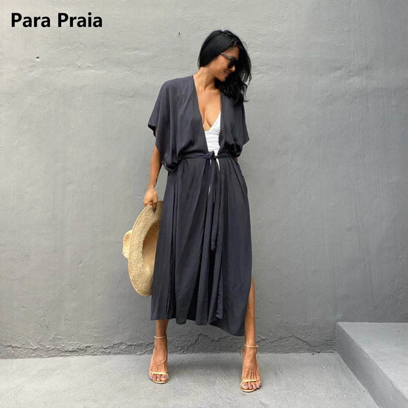 Para Praia Short Sleeve Kimono 2023 Beach Robe Maxi Long Dress Bikini Cover Ups Beachwear Sarong Women Loose Cardigan Covers