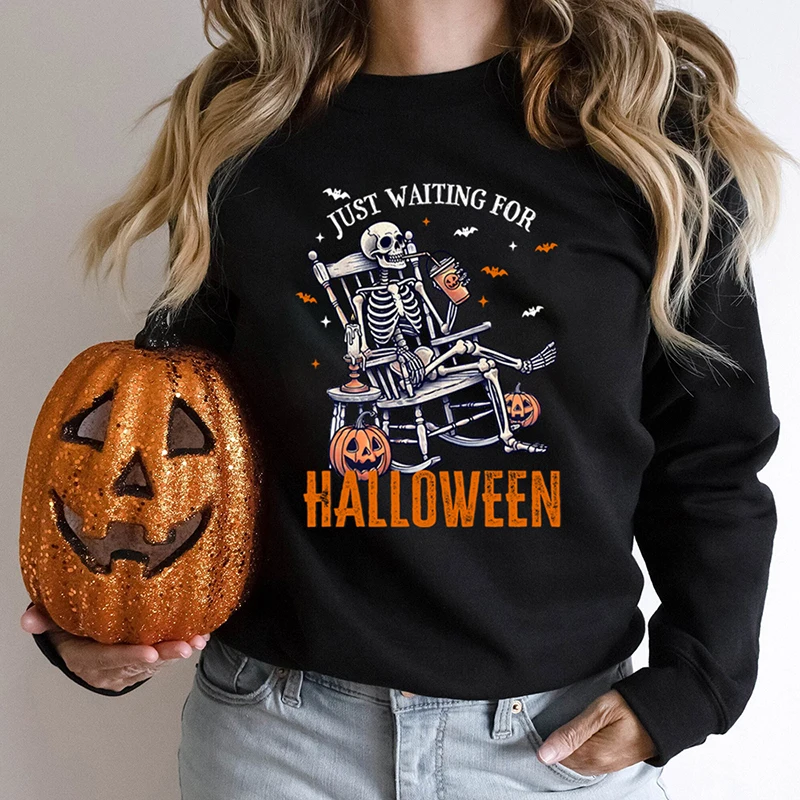 Skeleton Just Waiting For Halloween Print Round Neck Pullovers Casual Sport Long Sleeve Plus Size Halloween Hoodless Sweatshirts