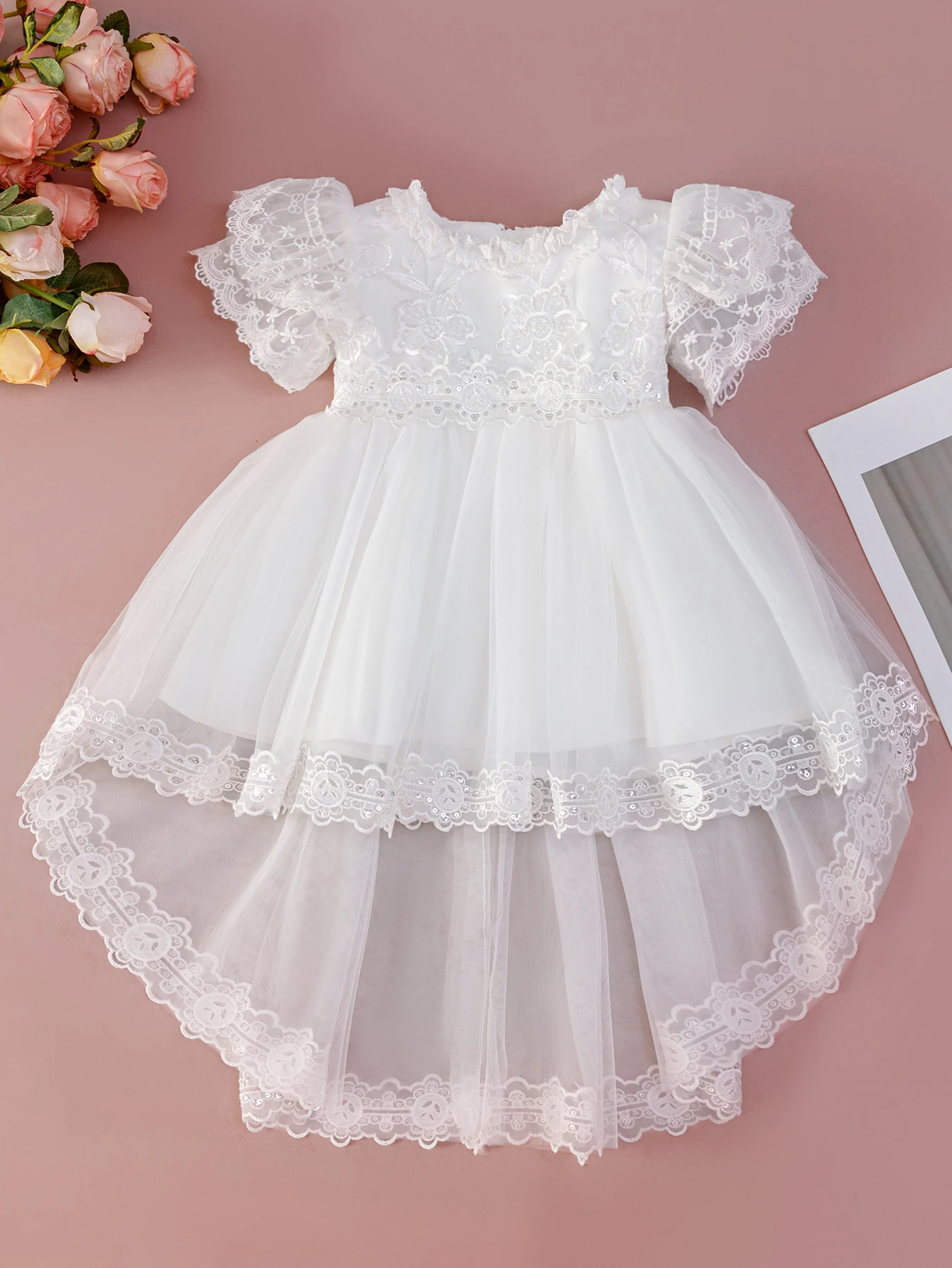 Baby Birthday Dress Elegant White Flower Baby  Girl Dress with Fluffy Tulle Skirt Featuring Short Front and Long Back Desig