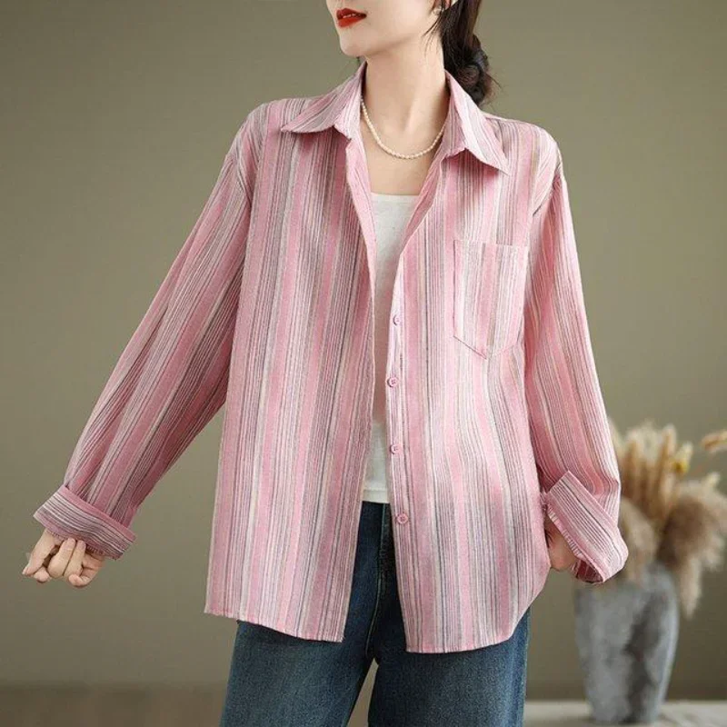 문학적 디자인 감각 세로 줄무늬 대조 색상 여성용 긴 소매 가을 복고풍 얇은 스타일 카디건 탑