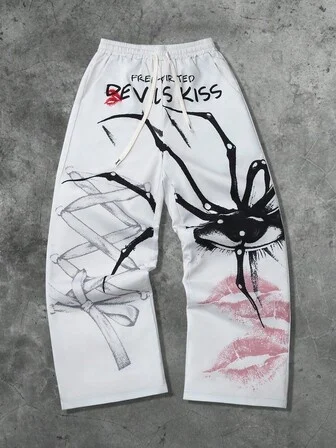 2026 New Model Men Gothic Vertical Graphic Wide Leg Sweatpants Drawstring Loose Straight Baggy Y2K Dark Punk Streetwear Pants.
