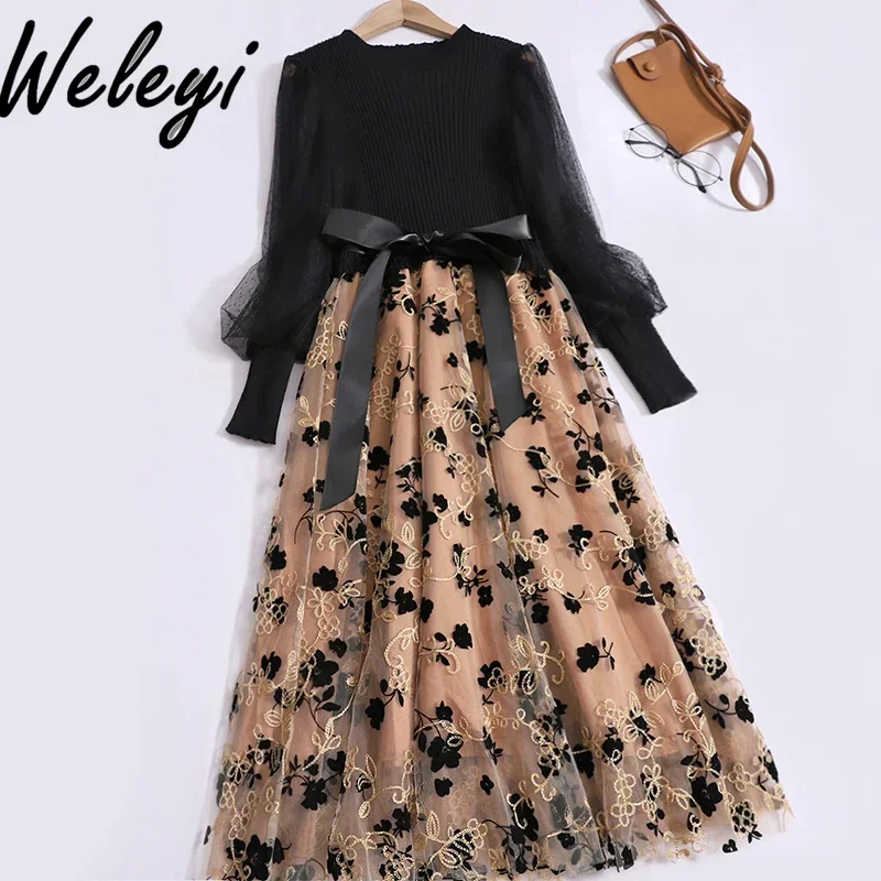 

Temperament Fairy Bow Knitted Splicing Mesh Puffy Dress Feminino Autumn Elegant Round Neck Long Sleeve Mid-length Dresses Woman