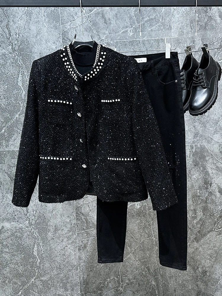 النسخة الكورية Ins الموضة الراقية الثقيلة الماس مرصع معطف الصوف تصميم تحسس سترة وسيم الرجال العصرية