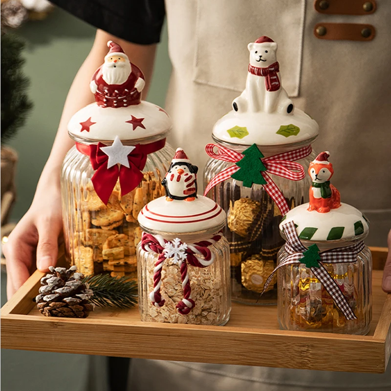 Christmas Candy Jar Glass Vertical Pattern Sealed Jar Gifts Snack Nut Chocolate Storage Box Food Grade Glass Storage Jar Bottle