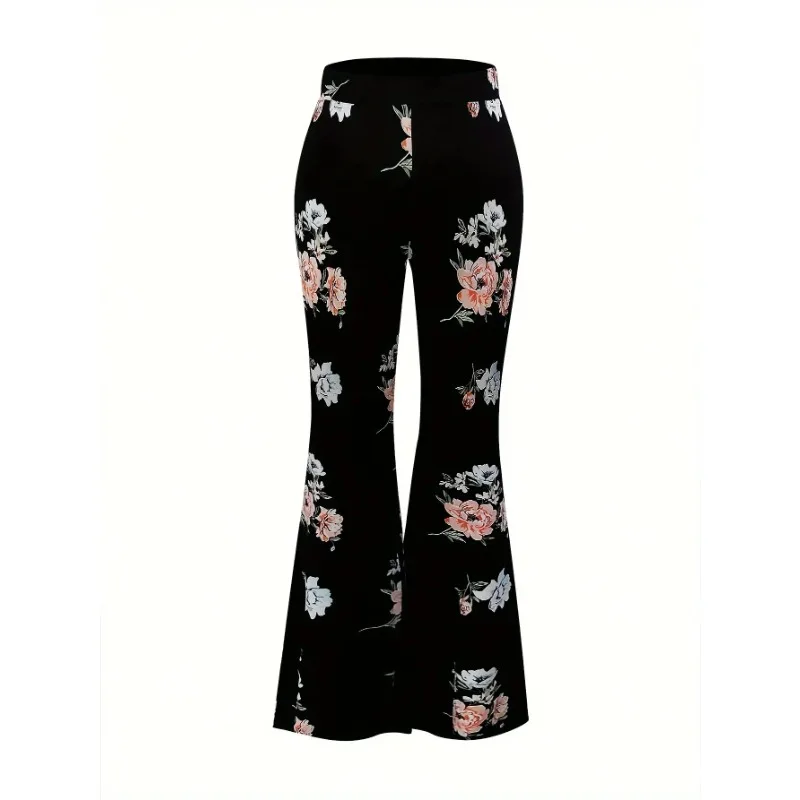 Plus Size Women's Flower Print High Waisted Tight Fitting And Elegant Bell Bottomed Pants For Slimming Effect