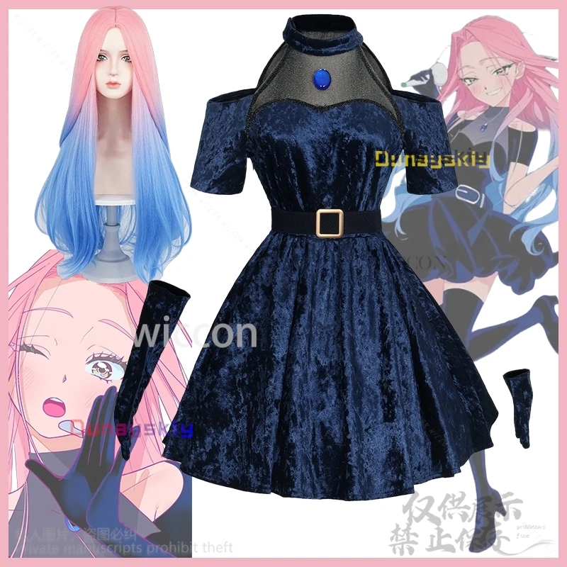 Anime Alien Stage Round1 My Clematis Cosplay Mizi Idol Performance Costume Blue Velvet Dress Pink Wig For Girls Woman Customized