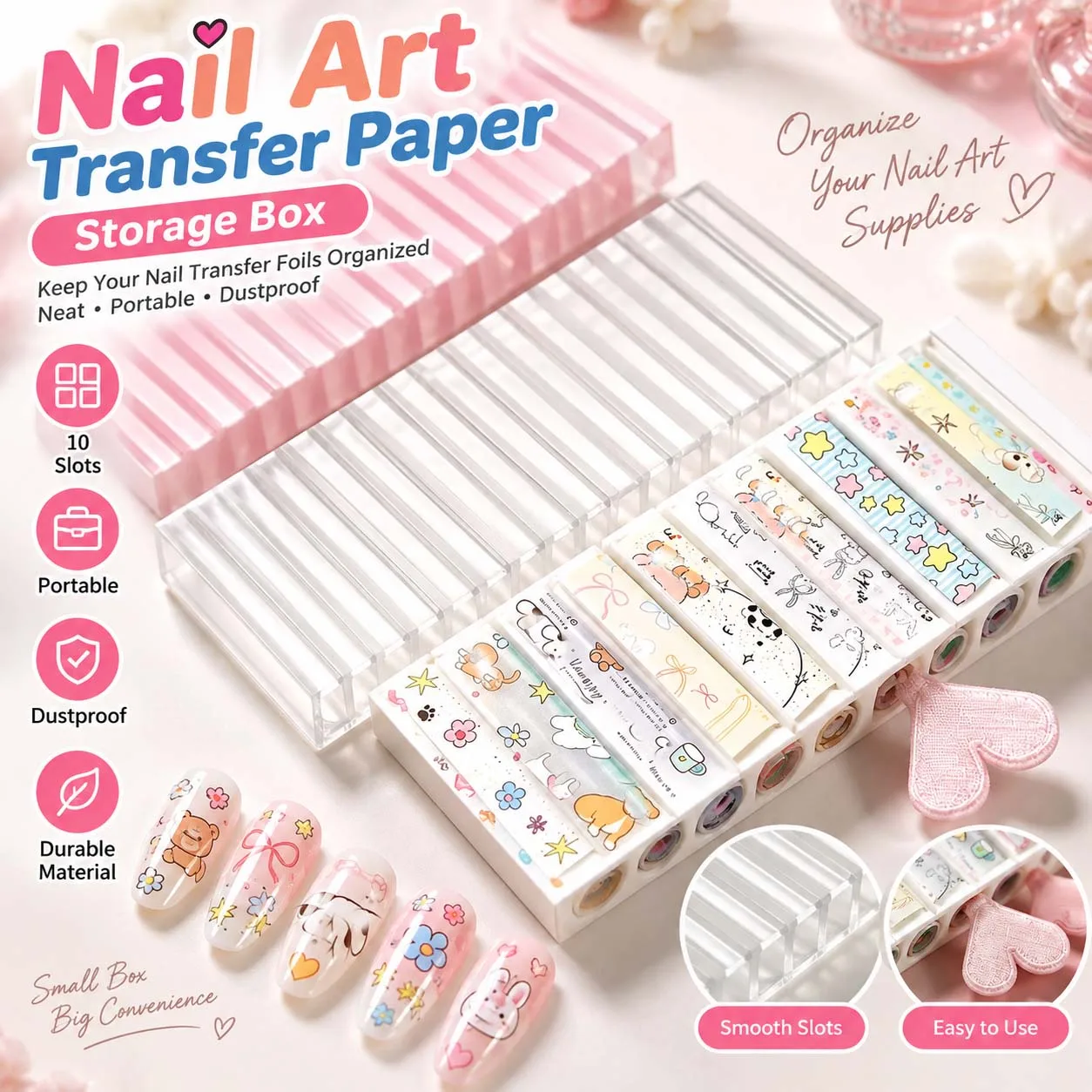 Nail Art Transfer Foil Storage Box Marble Pattern Organizer Case with Heart-Shaped Rolling Stick Nail Foil Holder Manicure Tool