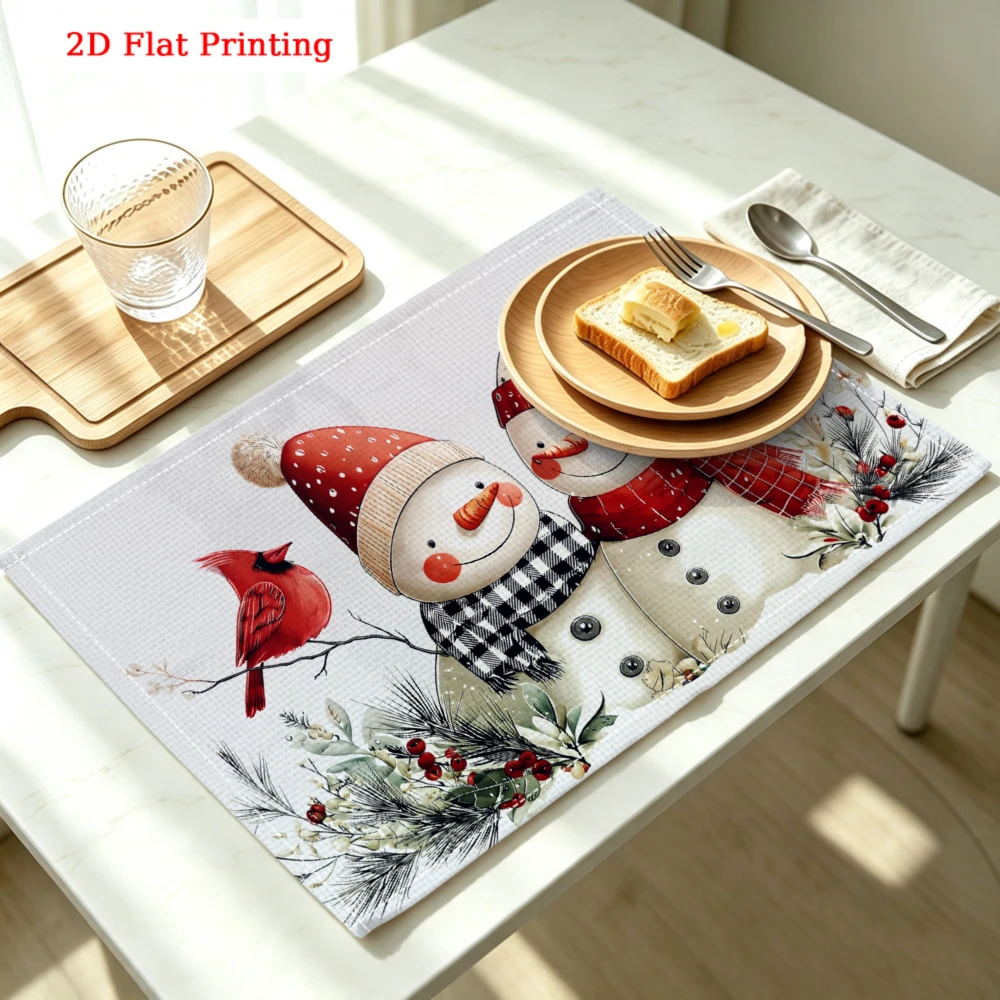 Snowmen With Red Bird Winter Scene Kitchen Placemat Coaster Linen Pad Dish Coffee Cup Table Mat 30x40cm Home Decor