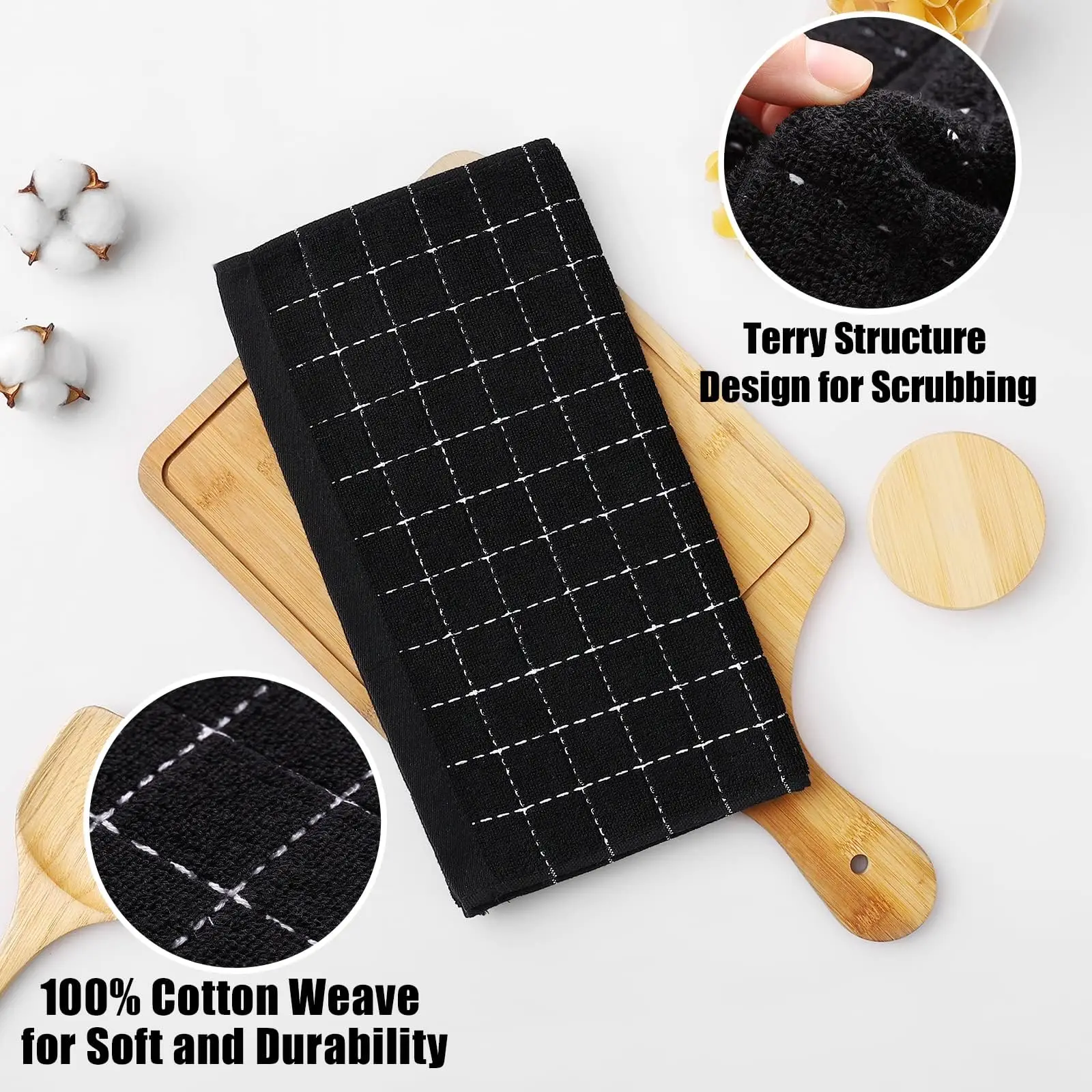 Homaxy 100% Cotton Terry Kitchen Towels Dish Cloths Checkered Designed Super Soft Absorbent Dish Towels 8 Pack Black Dish Cloths