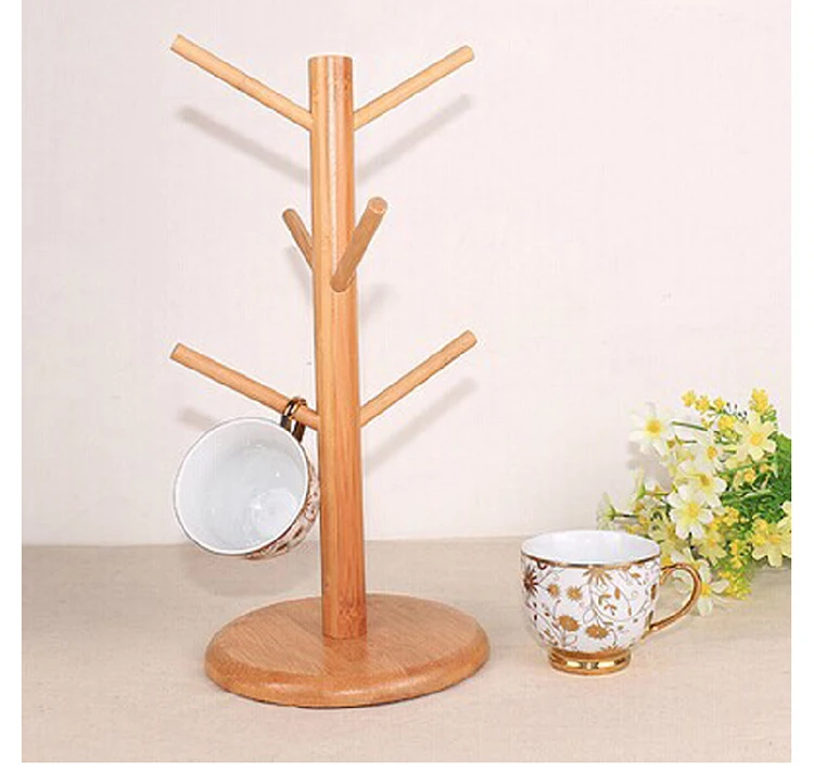 Tree Shape Wood Coffee Tea Cup Rack Storage Holder Stand Home Kitchen Mug Hanging Display Drinkware Shelf With 6 Hooks