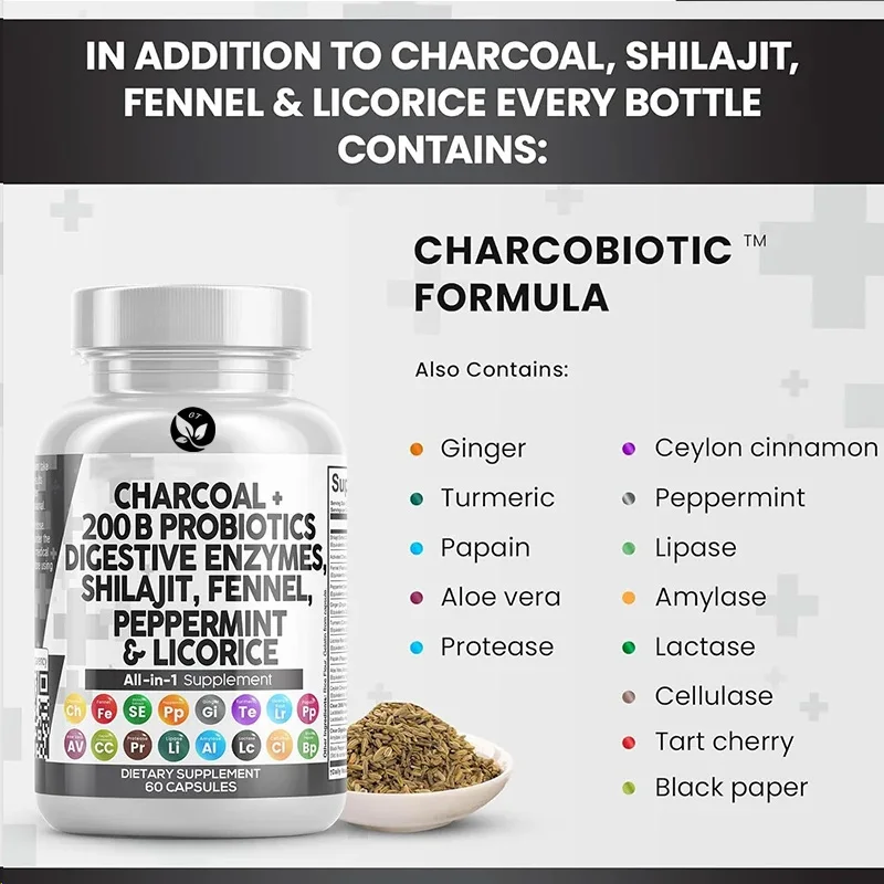 Cápsula de carbón activado Shilajit Probióticos+Enzimas digestivas, Hinojo de menta, Regaliz, Papaína, Cúrcuma