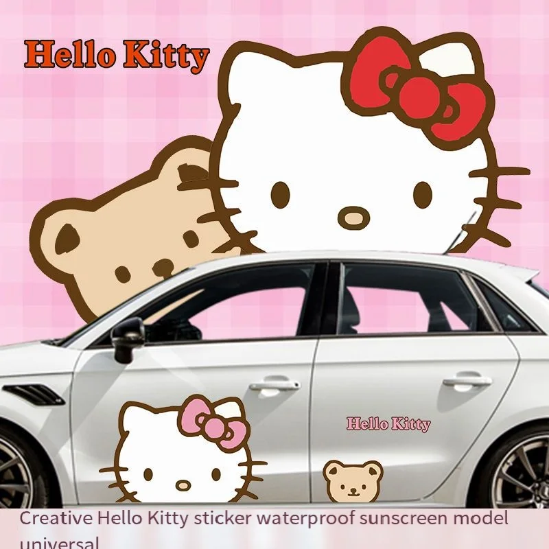 Sanurgente-Autocollants de décoration de voiture Anime Hello Kitty, autocollants de porte de voiture, couverture de style de voiture, eau verte, mignon, Kawaii