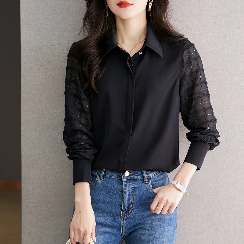 

Fashion Lace Women Shirt Chiffon Woman Blouse Long Sleeve Shirts Tops Office Lady Shirt Blouses