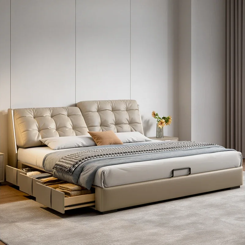 

Leather Luxury Modern Double Bed Storage Soft Design Space Saving Bed Loft Modern Letto Matrimoniale Furniture For Bedroom