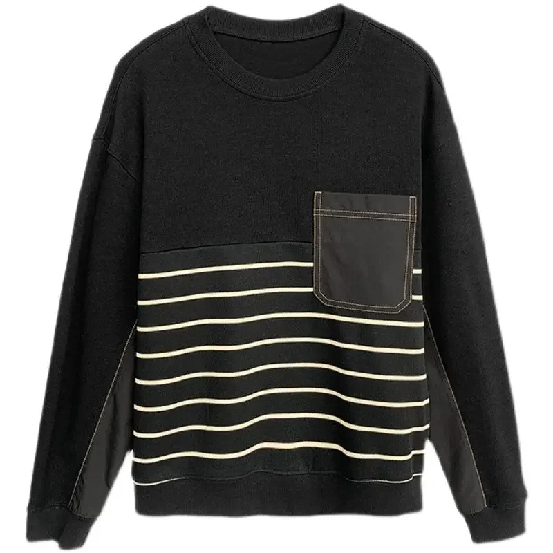 Fashion O-Neck Spliced Pockets Striped Tee Shirt Men's Clothing Autumn Winter New Casual Pullovers