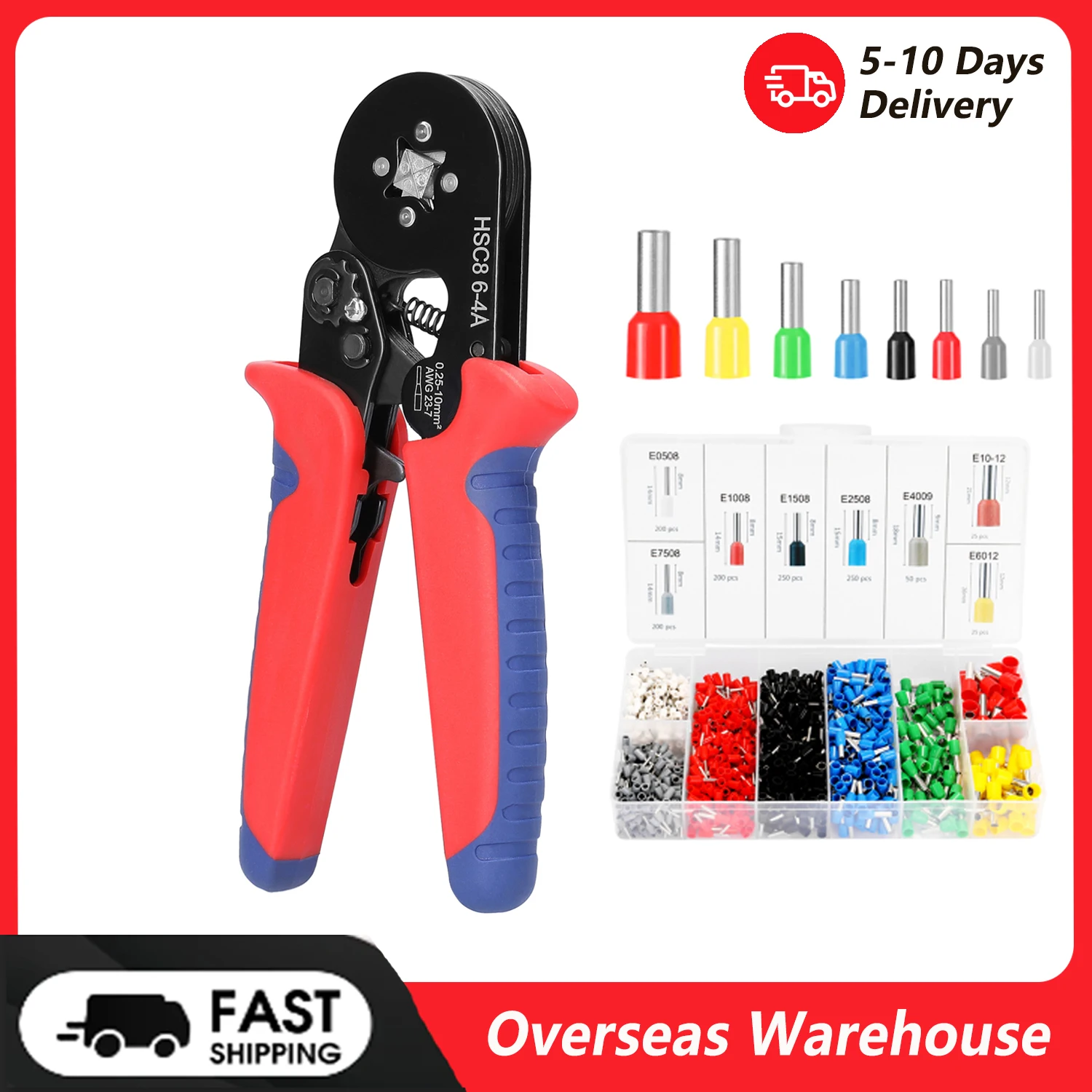 HSC8 6-4 0.25-10m㎡ AWG23-7 Ferrule Crimping Tool Kit High Hardness Crimper Plier with 1200pcs Wire Ferrules Crimp Ends Terminal