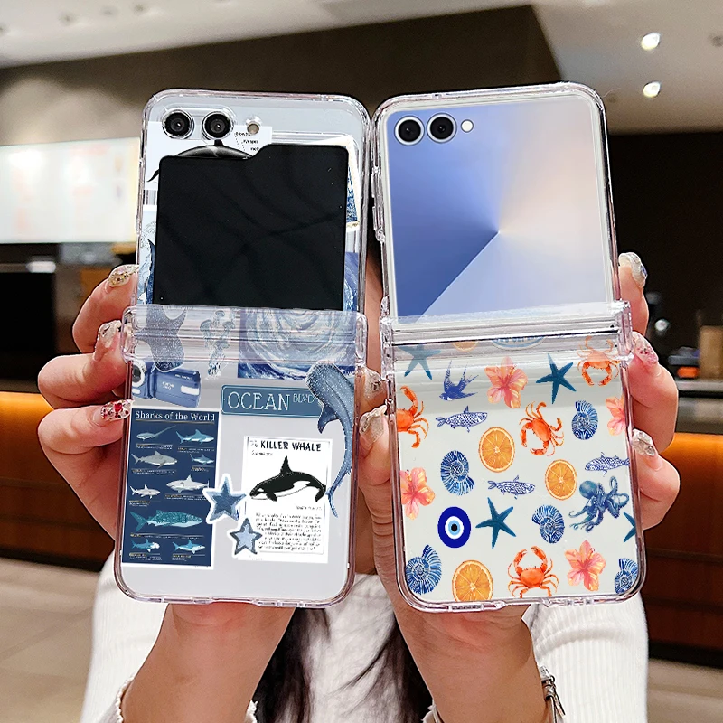 Shark Star Patterned Phone Case For Samsung Galaxy Z Flip 7 FE 6 5 4 3 5G Folding Hard PC Clear Cover For Samsung Z Flip7 Flip6