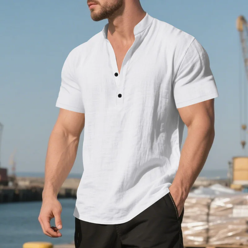 

Summer Men's Casual Loose Shirt Men's Casual Stand-up Collar Buckle Linen Short Sleeve Solid Color Large Size