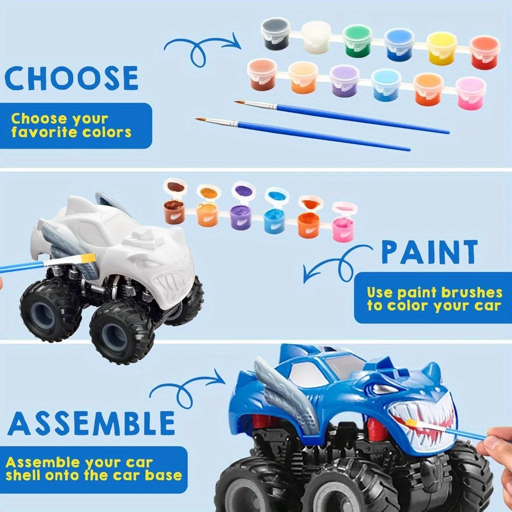 JOYFY Kids Craft Kit Build & Paint Your Own Monster Car DIY Toy Set Friction Powered Truck for Kids Birthday Christmas Gift