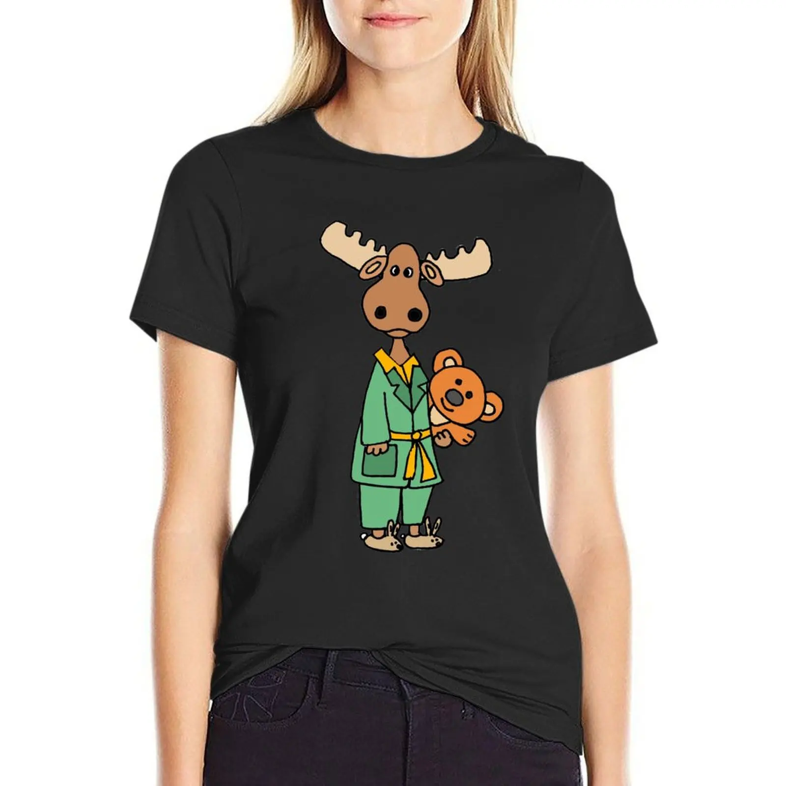 

Funny Moose wearing Pajamas and Bunny Slippers T-Shirt customs design your own vintage clothes vintage tops for Women
