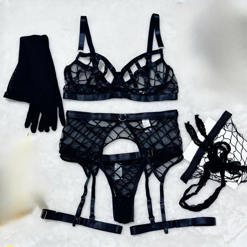 

Bikini fashion hollow-out see-through mesh netting gloves lingerie set swimsuit