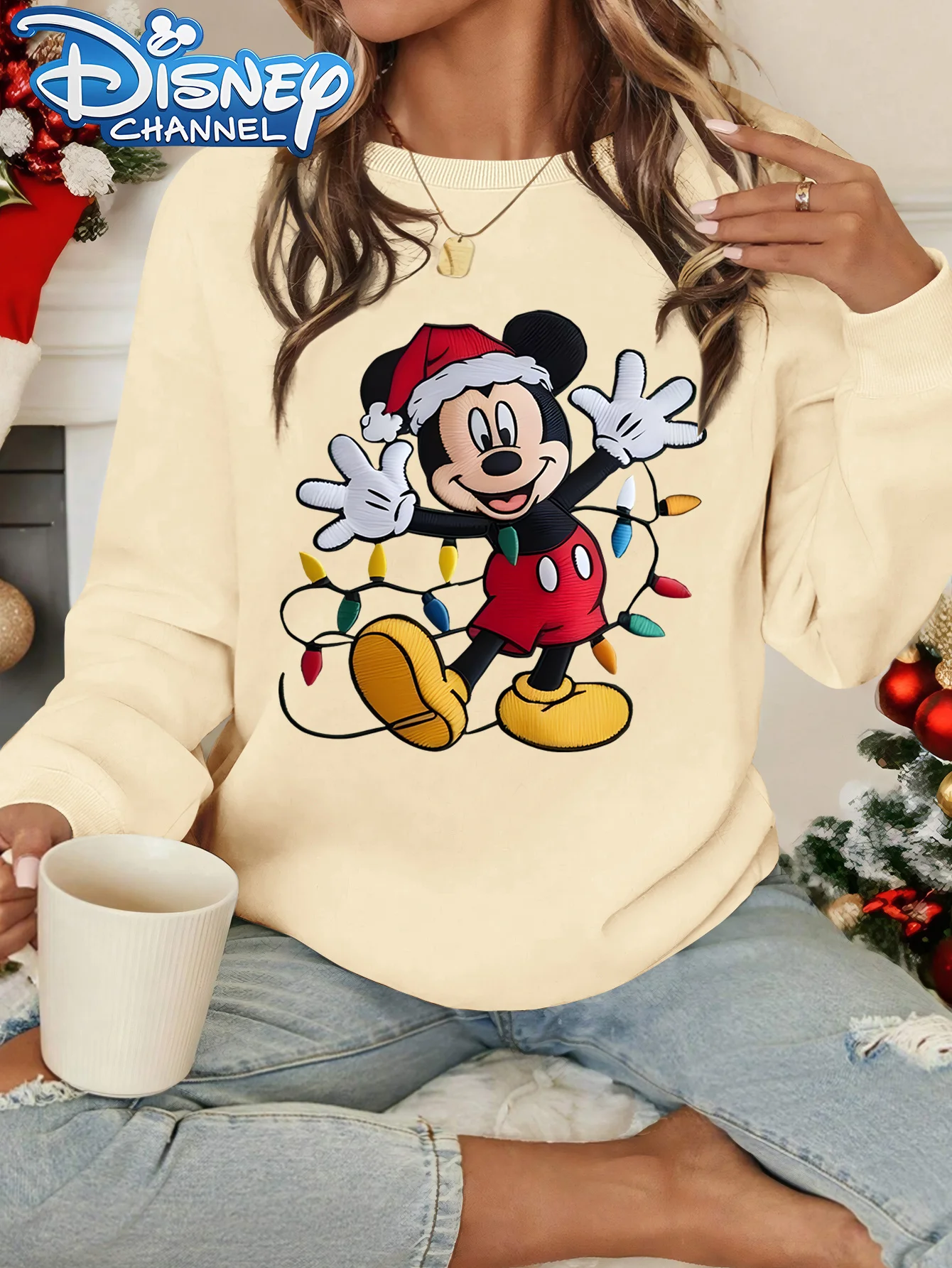 

Women Disney Mickey Mouse Christmas Pullover Sweater Fashion Oversized Unisex Crew Neck Sweater Autumn and Winter Fleece Casual