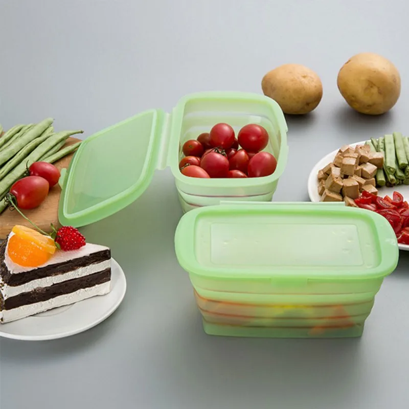 Silicone Rectangle Lunch Box Collapsible Bento Box Folding Food Container Bowl Kitchen Storage Box Foldable Fruit Salad Bowl